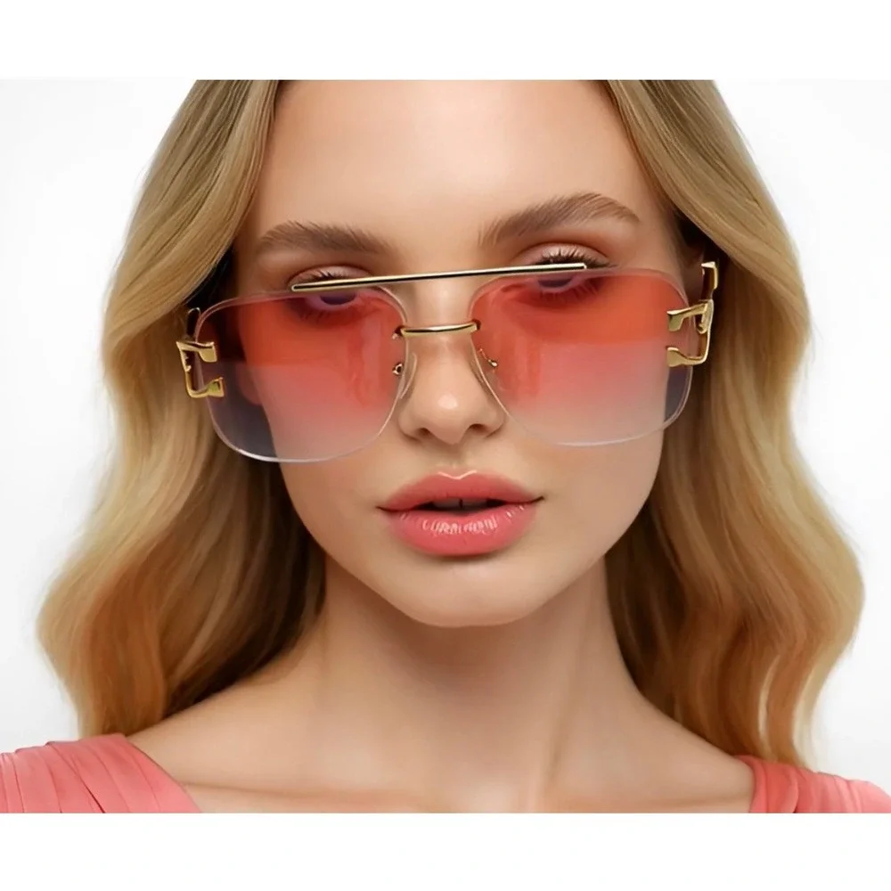 Pink Gradient Rimless‎ Square Women Sunglasses Gold Panther Wood Grain Temples